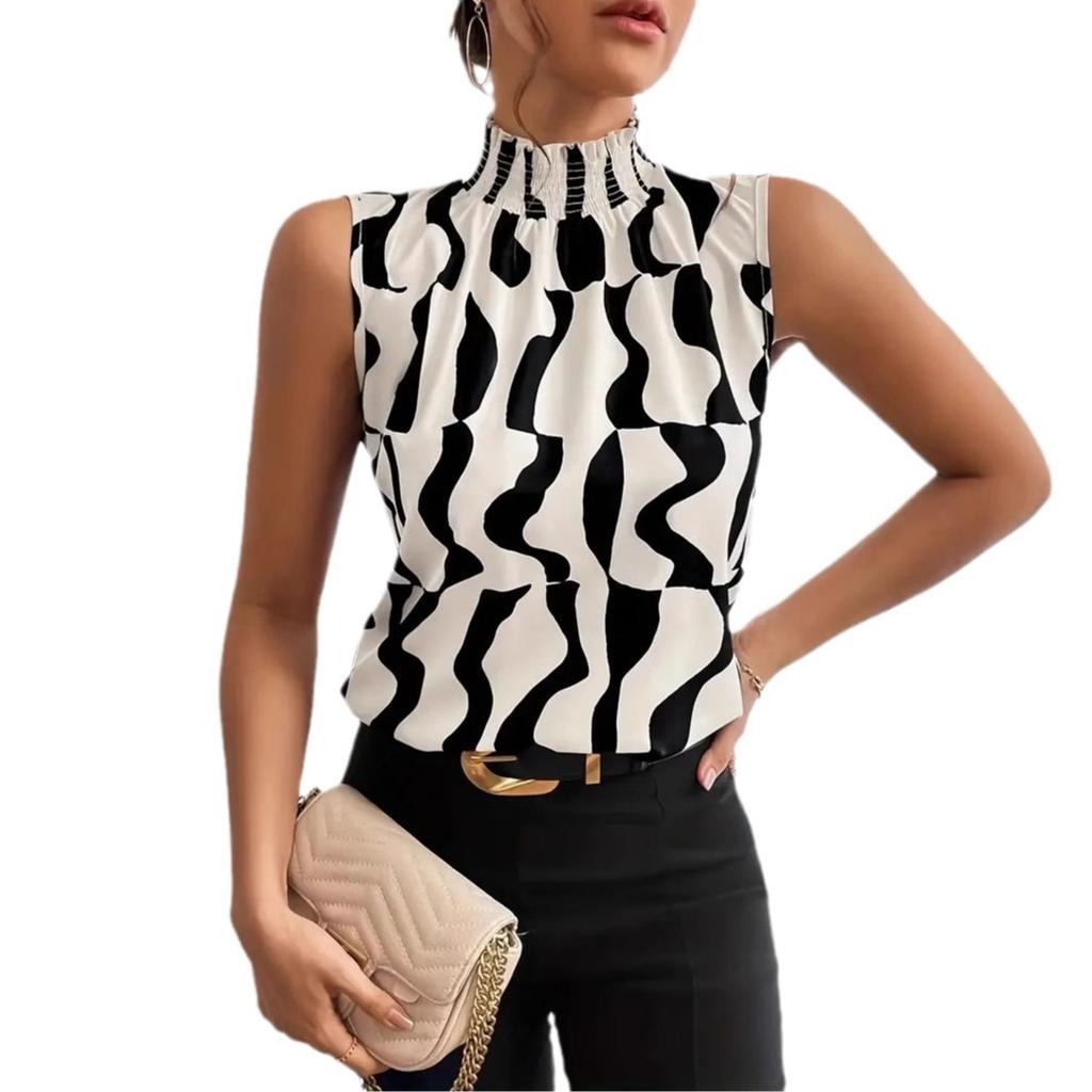 European and American garlic rice with whole body printed small turtleneck sleeveless shirt