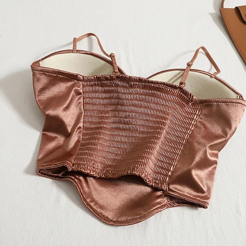 2025 Women Sexy Crop Top Solid Spring Summer New Pleated Satin Tanks Top With Bra Pad Beach Camis Spaghetti Backless Casual Top