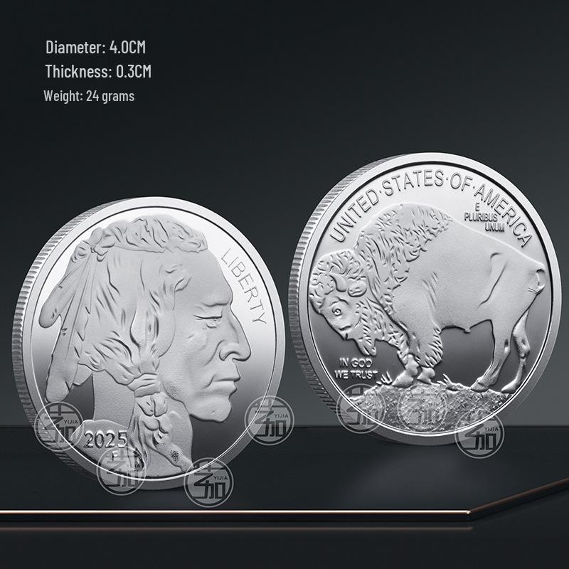 2025 Native American Commemorative Buffalo Gilded Coin 40mm*3.0mm, 30g серебряный