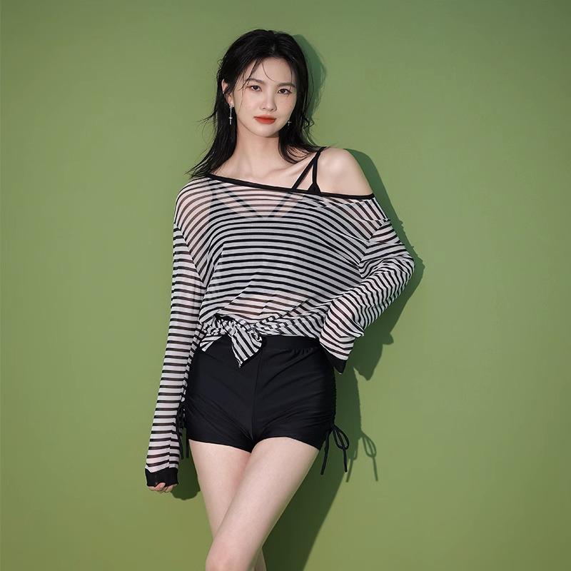 Women's Summer Three-Piece Long Sleeve Swimsuit Set: Striped One-Piece with Chest Pads & Cover-up