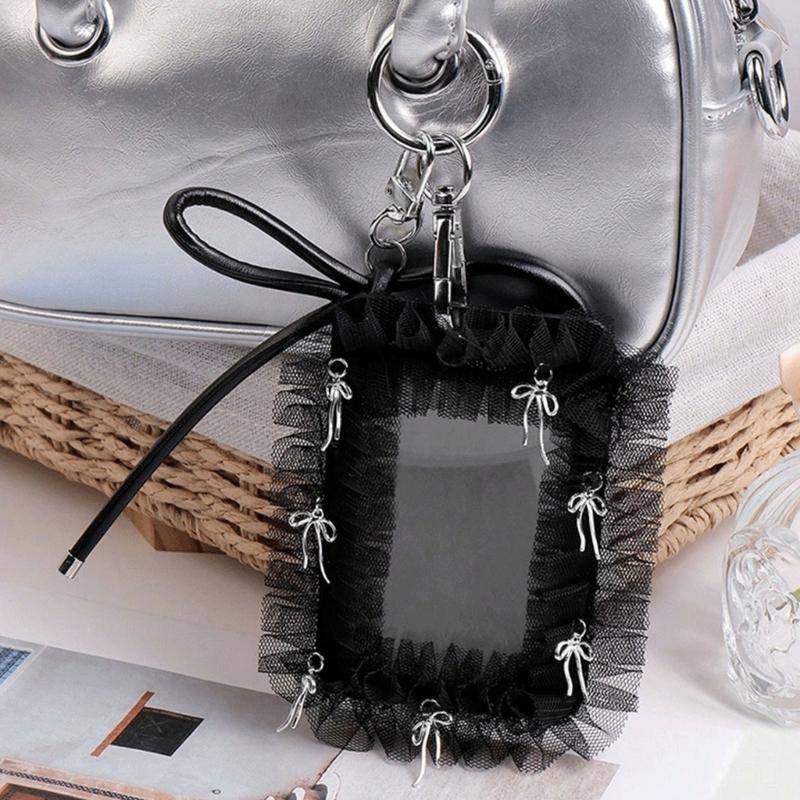 Elegant Badge Holder Gothic Bowknot Keychain Beaded Lace Card Charm Accessory Alternative Fashion Keyring