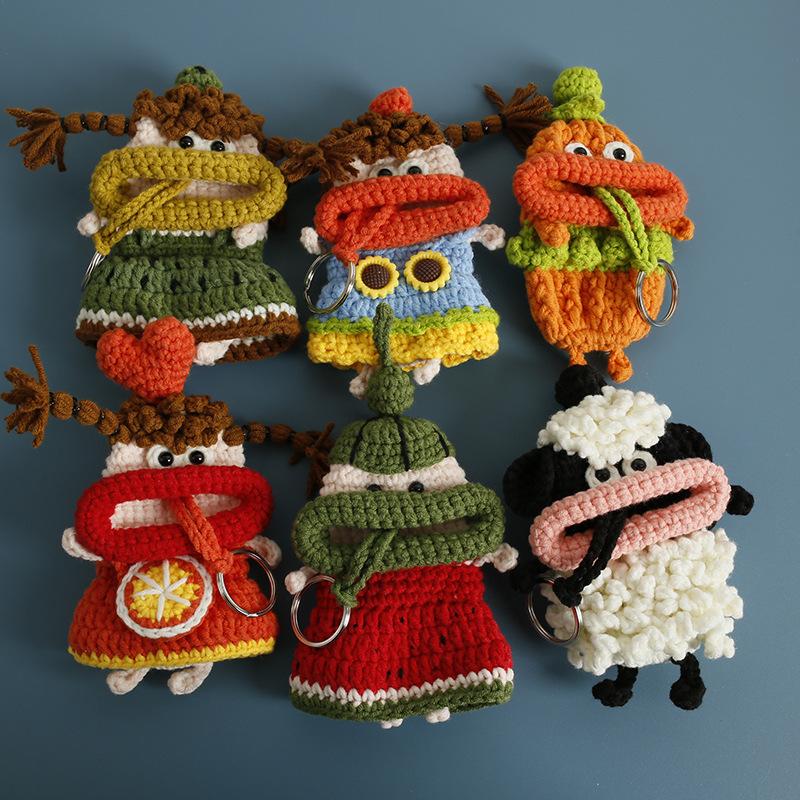 Lustige Wurstmundpuppen-Serie Häkeltasche Schlüsselanhänger für Autoschlüssel Halter Handgefertigte Stricktasche Kreative Geschenke Großhandel