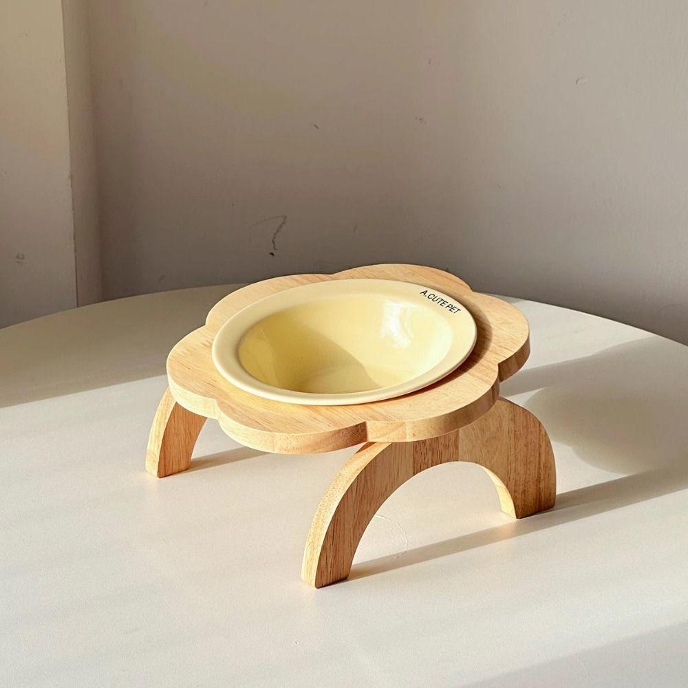 Ceramic Flower Shaped Pet Bowl Non-Slip Detachable Raised Cat Food Bowl with Wooden Stand Anti-Spill Dog Feeder Neck Protection