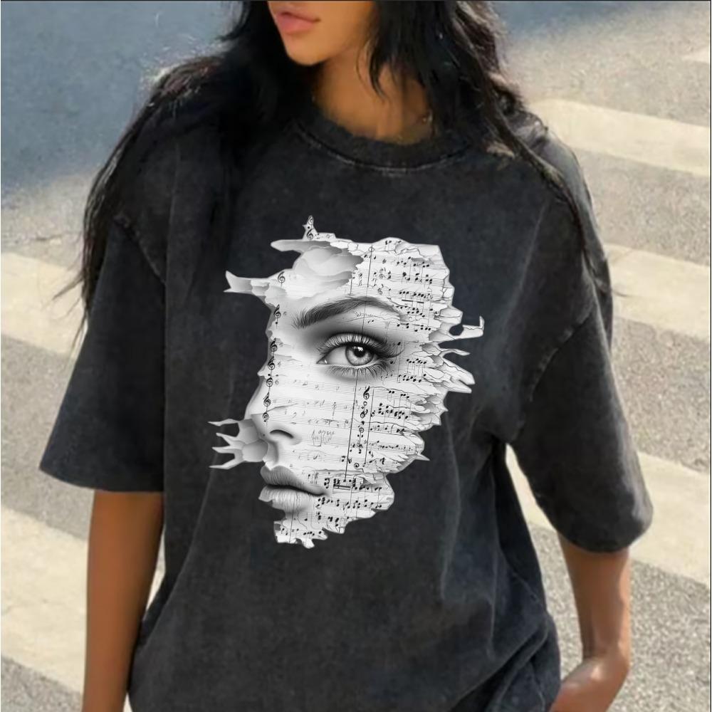 Abstrakt Musiknoter Ansikte Överdimensionerad T-shirt Tvättad Bomull Avslappnad T-shirt Konstnärligt Kvinnoansikte Notblad Grafisk Topp