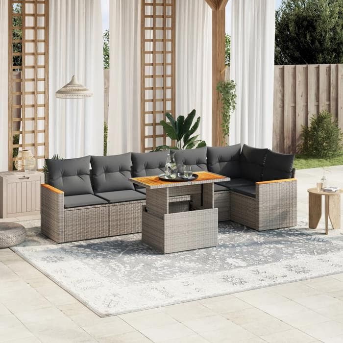 VidaXL Salon de Jardin avec Coussins 7 pcs, Canapés de Terrasse, Ensemble de Meubles de Patio, Mobilier d'Extérieur, Gris 3273090