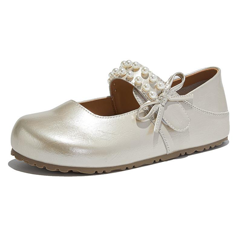 Leather Bow Mary Jane Women's Shoes Autumn New Light Mouth Pearl Velcro Single Shoes Versatile Small Leather Shoes