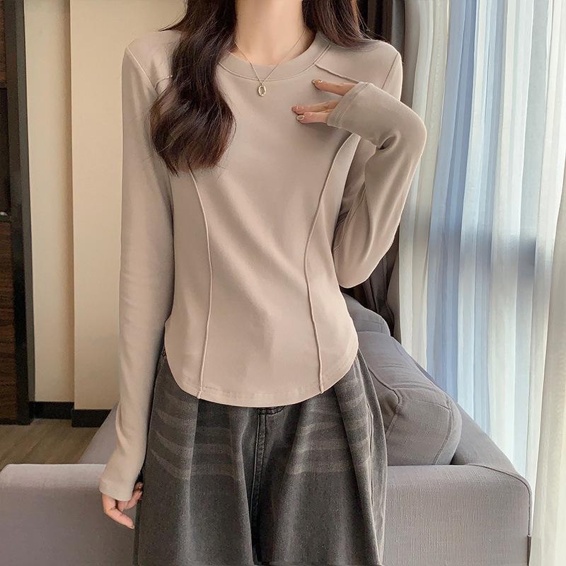 Women's Slim Fit Long-Sleeve Velvet T-Shirt – Retro European Fishbone Waist, Autumn/Winter