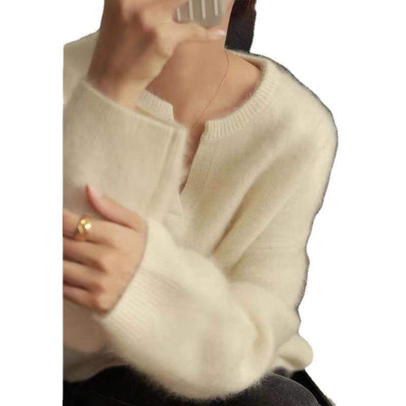 Gentle semi-open neck sweater women's autumn new lazy loose soft waxy knitted sweater with top