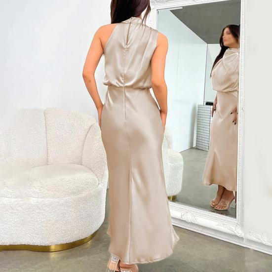 Damen Neckholder, ärmelloses Kleid, schulterfrei, Taille, eng anliegend, hüftumwickelt, lockerer Saum, glatter Satin, Party-Midikleid