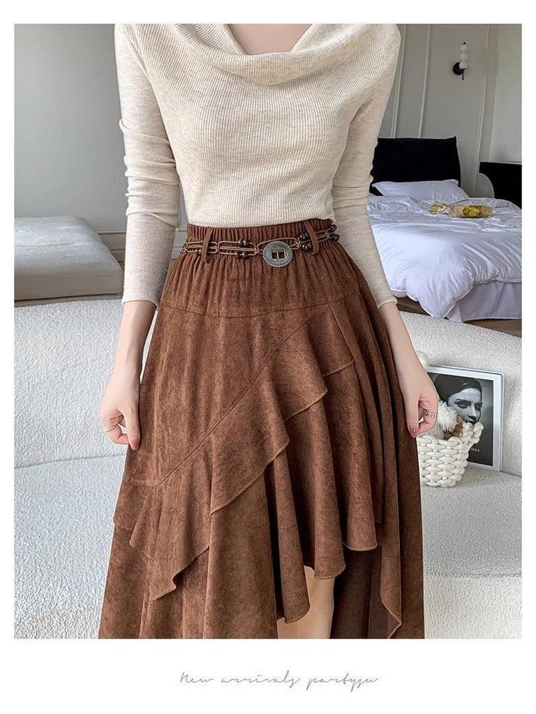 Women's Autumn High-Waist French Ruffle Suede Midi Skirt, Anti-Exposure with Irregular Fluffy Design