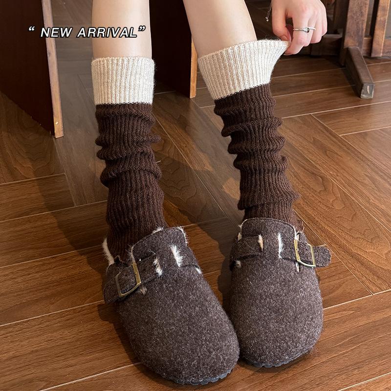 Stiefel Baumwolle Stapelsocken Überzug Gestrickte Wolle Beinüberzug Wolle Verdickt Warm Kontrastierende Spleißung Grau Wade