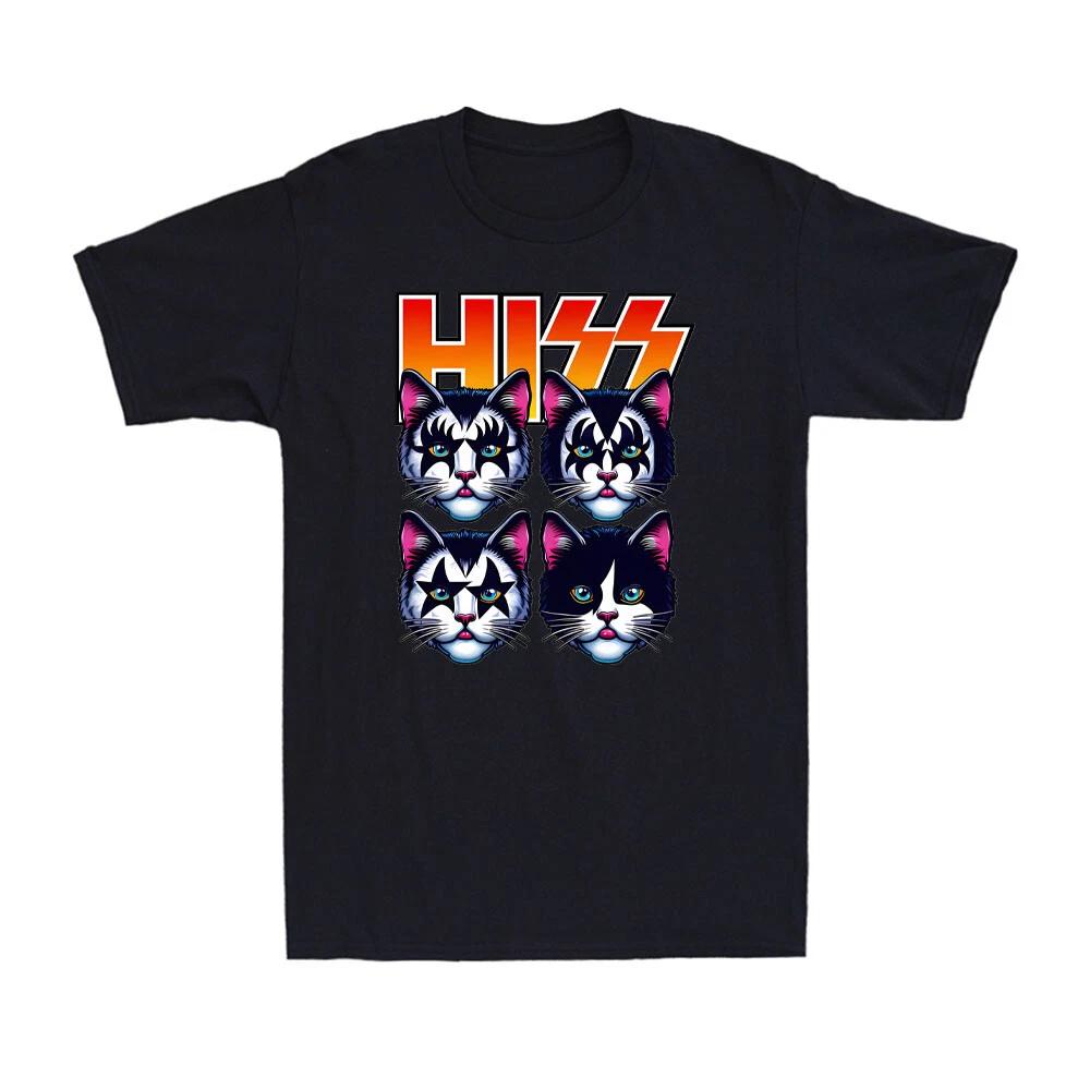 Men s and Women s T-shirts Funny HISS Cats Parody Shirt Rock Band Style Cat Lover Novelty M