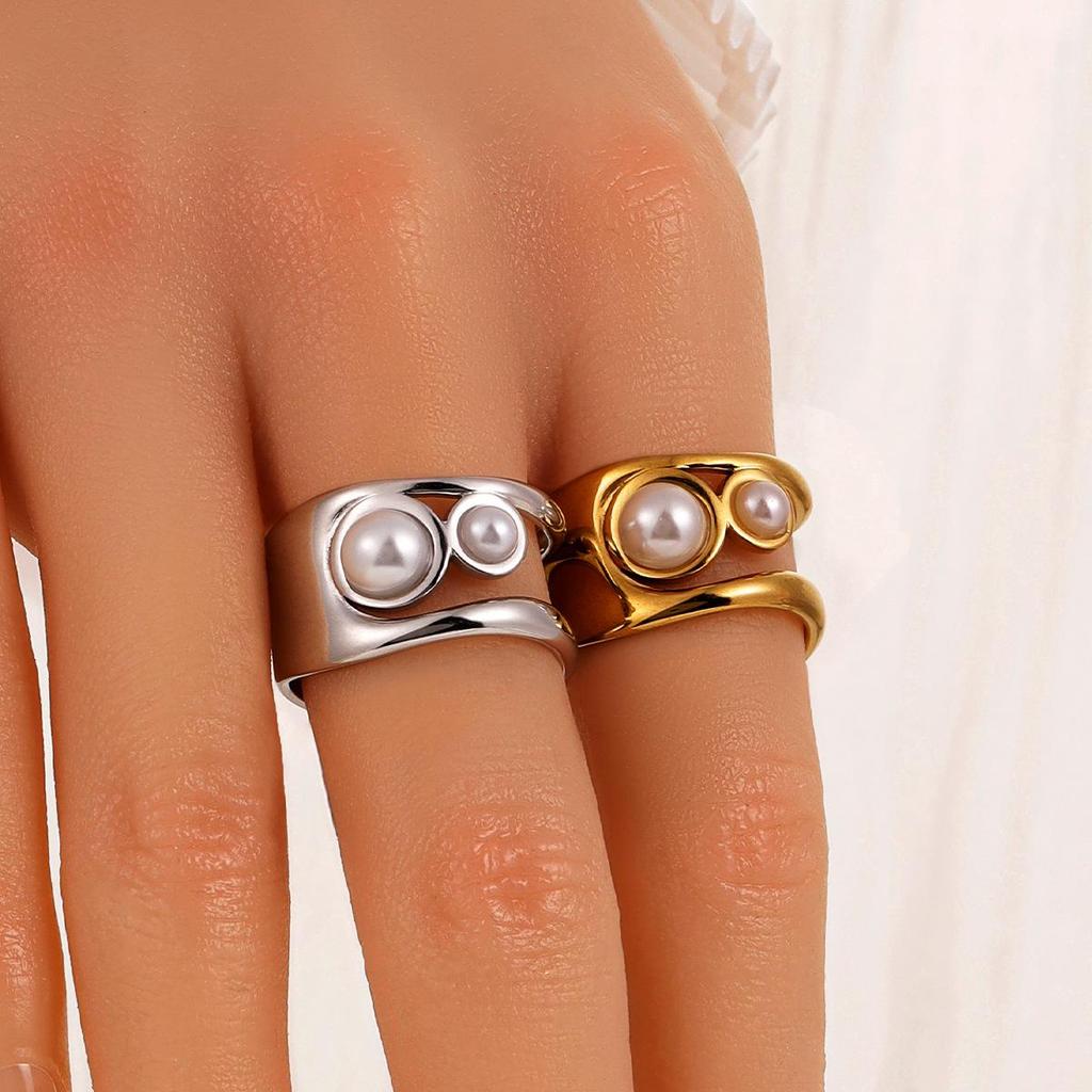 French Romantic Geometric Pearl Open Ring - Women's 18K Gold-Plated Stainless Steel Jewelry