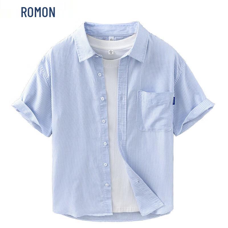 ROMON Men's Japanese Style Striped Pure Cotton Short Sleeve Shirt