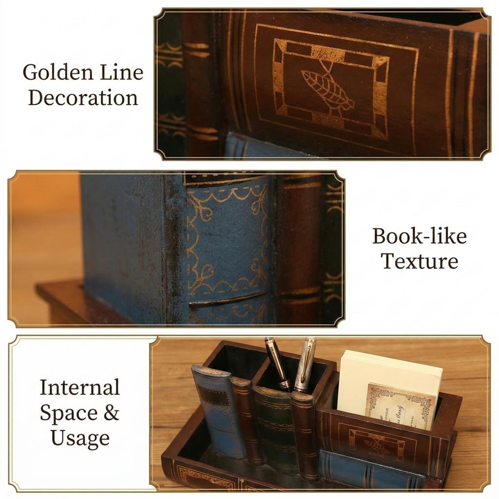 Vintage Pen Holder Organizer, Luxury Desktop Storage Box for Home Study Desk Decor Gift