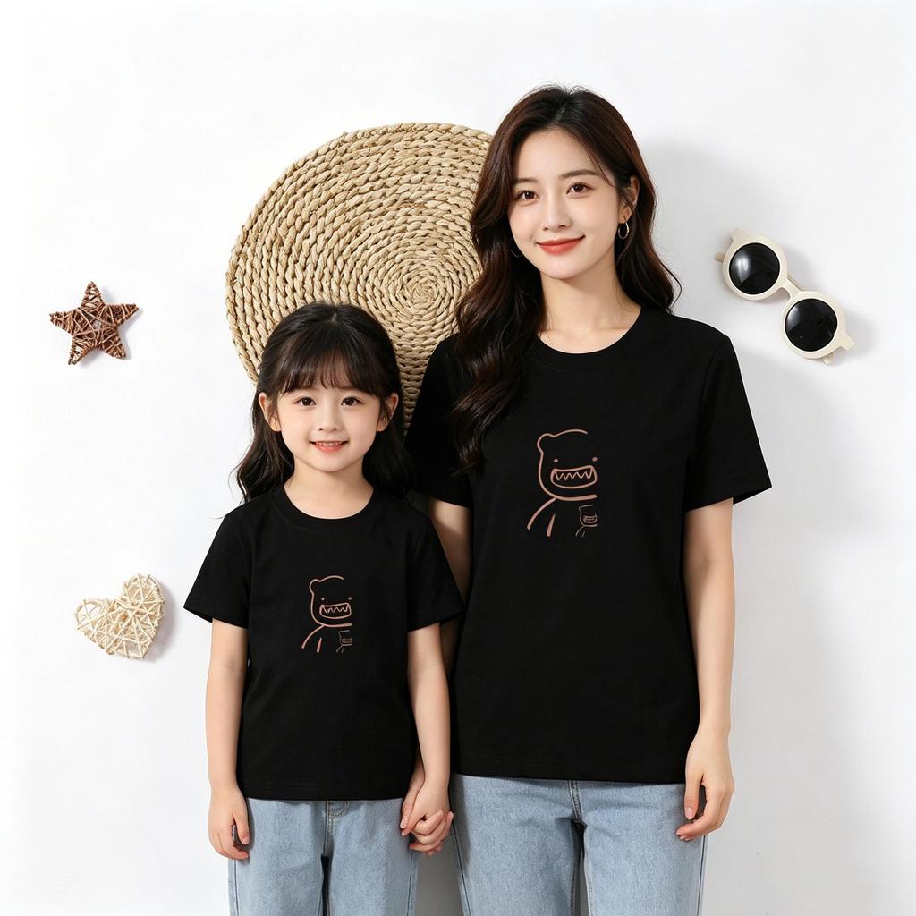 Mother-Daughter Matching Short Sleeve T-shirt - Cute Cartoon Bear Print, 100% Cotton, Round Neck, Loose Fit