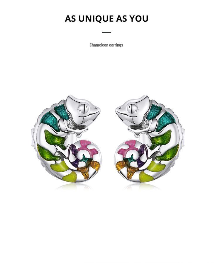 Yin Ziyun Platinum-Plated Chameleon Earrings: Cute Animal S925 Silver for Men & Women - Model BSE587