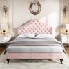 Upholstered Bed 140*200 with Slatted Frame, Height-Adjustable Headboard, for Adults & Teenagers, Wooden Slat Support, Easy Assembly, Velvet, Pink