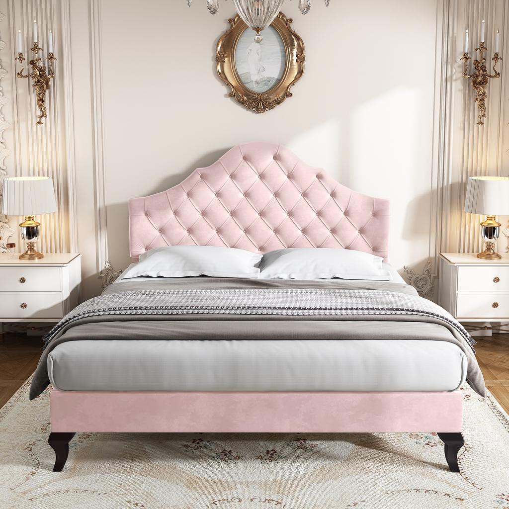 Upholstered Bed 140*200 with Slatted Frame, Height-Adjustable Headboard, for Adults & Teenagers, Wooden Slat Support, Easy Assembly, Velvet, Pink