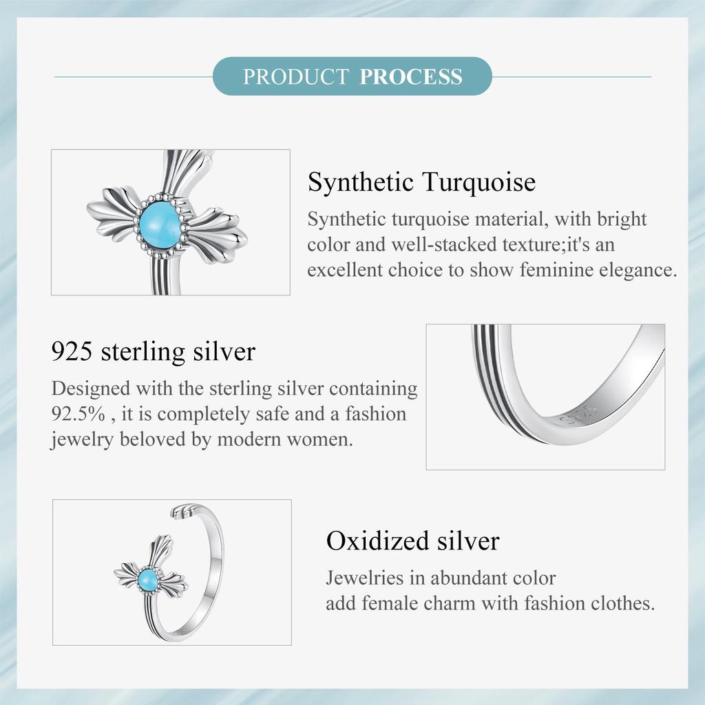 Vintage Turquoise Cross Open Ring S925 Sterling Silver Oxidized Women's Jewelry Adjustable Rings