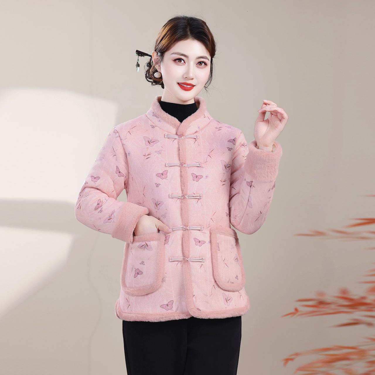 

Butterfly Print Fleece-Lined Cotton Jacket for Middle-Aged and Elderly Women - Winter, Plus Size, Pink XL (recommended for 42.5-52.5 kg)