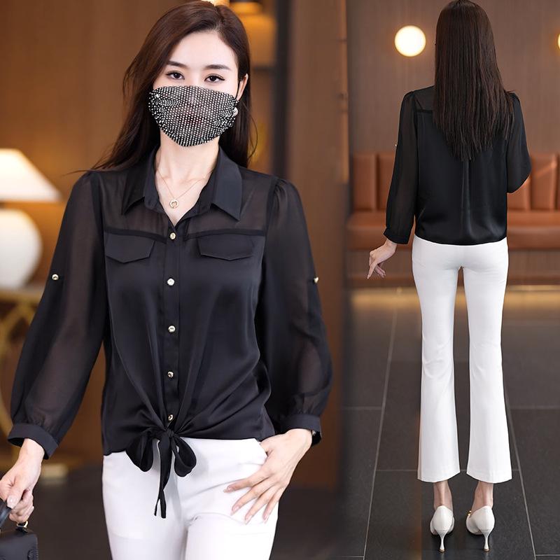 

Women s Elegant Black Chiffon Lapel Shirt with Hem Knot, Double Pockets, Slimming Fit Medium чёрный
