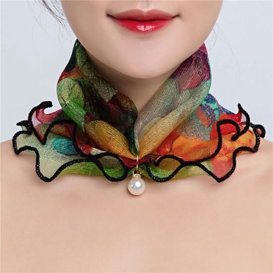 Scarf Painting Print Imitation Pearl Durable Ruffle Edge Lady Headscarf for Banquet