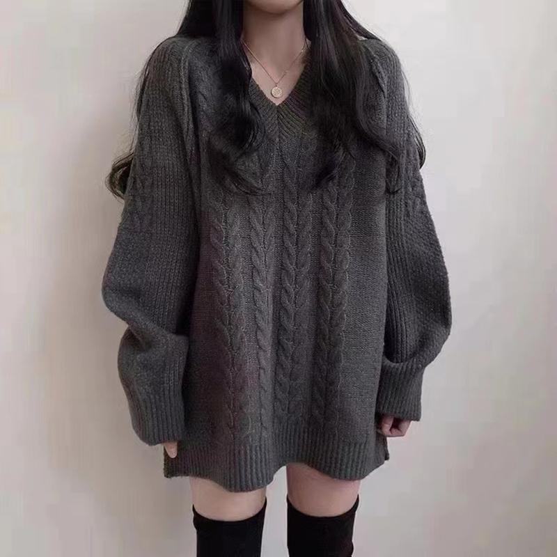 Autumn and winter V-neck mid-length twist ladies pullover sweater skirt, retro large size temperament dark gray ladies all-match sweater 6804#