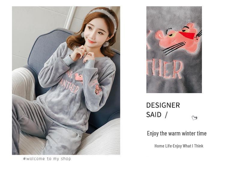 Women's Long-Sleeve Flannel Pajamas - Cute Cartoon Coral Fleece Set for Fall & Winter