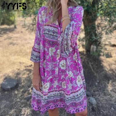 Damenmode Frühling Herbst Blumenmuster Druck Langarm V-Ausschnitt Lockere Taille Freizeitkleider