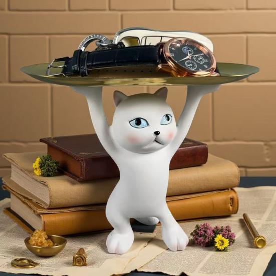Cartoon Cat Key Storage Tray Resin Standing Cat Figurine Statue with Tray Multi-purpose Jewelry Trinket Holder Organizer Decoration