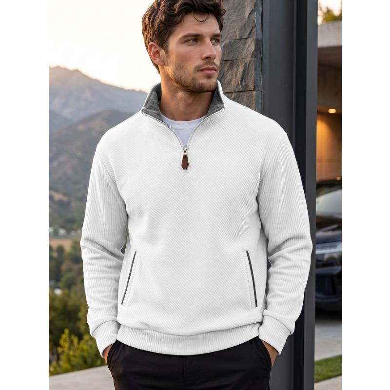 Men S Jacquard Stand Collar Pullover Sweatshirt With Zipper Pocket