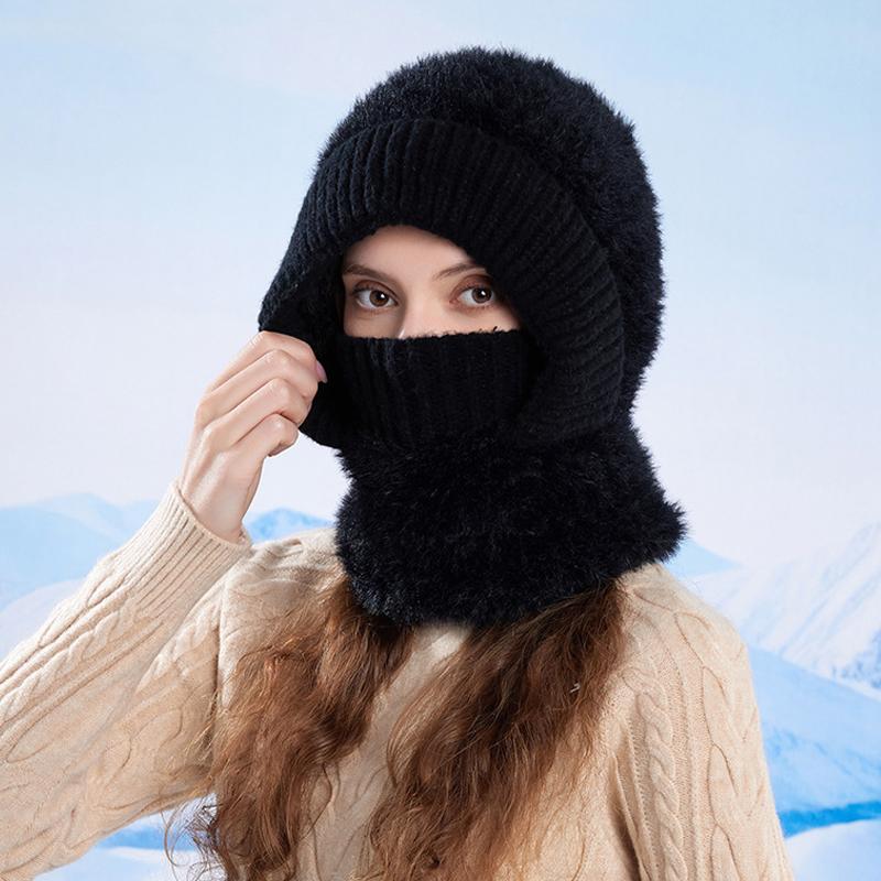 Winter Outdoor Warm Pullover Cap Women's Velvet Ear Protection Riding Neck Integrated Knitted Wool Cap
