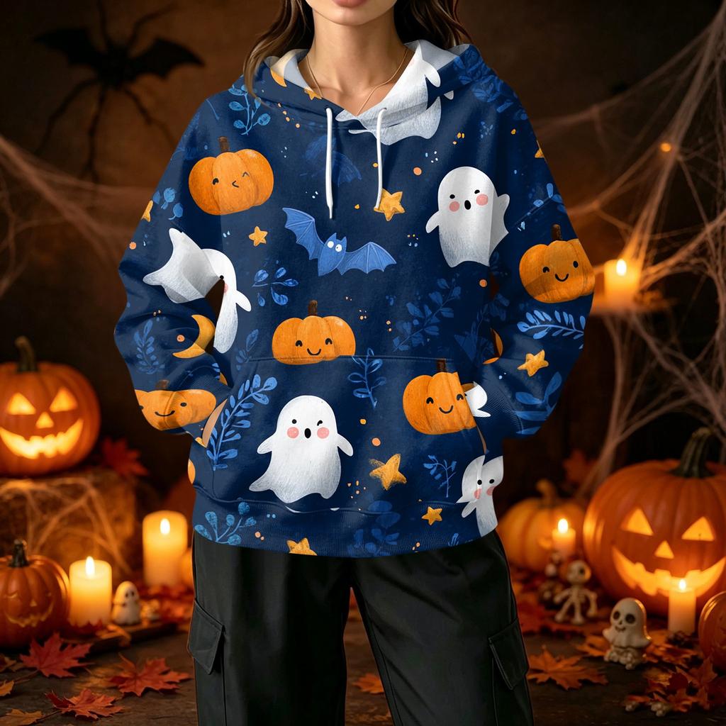 Women's Casual Halloween Print Hoodie with Front Pockets