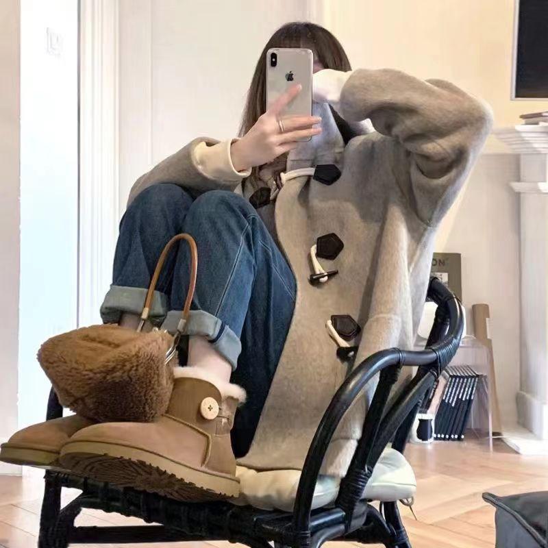Womens Short Wool Blend Coat With Hood Horn Buttons Korean Style Oversized Winter Outerwear