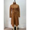 Elegante Vintage Suède Stof Lange Mouwen A-lijn Jurk Met Rits En Riem
