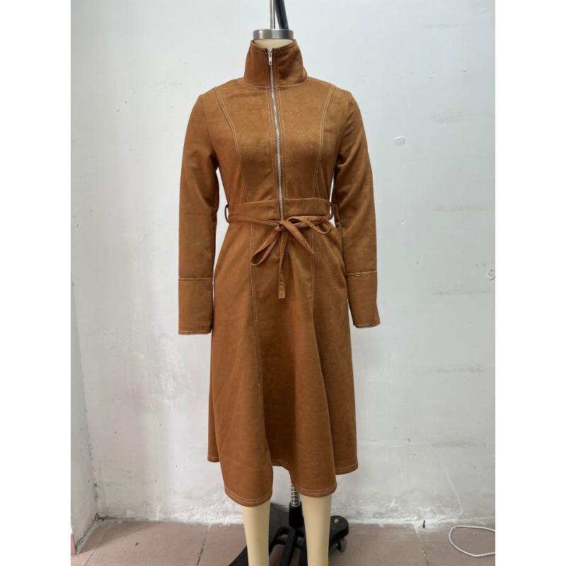 Elegante Vintage Suède Stof Lange Mouwen A-lijn Jurk Met Rits En Riem