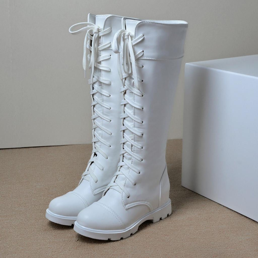 Korean Version of Winter Square Heel Cross Strap Martin Boots Tall Boots  White