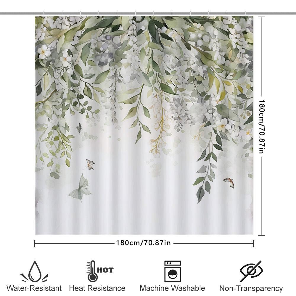 Charming White Flowers and Green Leaves Shower Curtain for Modern Bathroom Decor Waterproof Fabric with Hooks Enhances HomeStyle