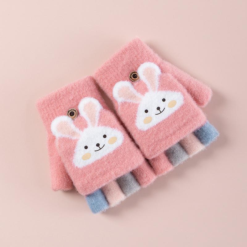 Winter Warm Kids Flip Cover Five Finger Goves Cartoon Bunny Children Knit Mitten Primary School Students Mountaineering Gloves
