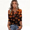 Women's Casual Halloween Print V Neck Button Three Quarter Sleeve T Shirt Top Lightweight Soft Fabric Comfortable Fit
