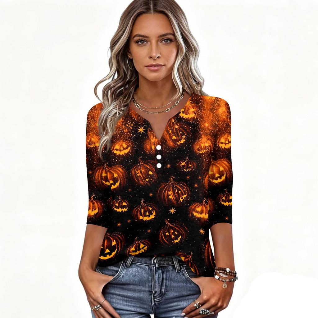 Women's Casual Halloween Print V Neck Button Three Quarter Sleeve T Shirt Top Lightweight Soft Fabric Comfortable Fit