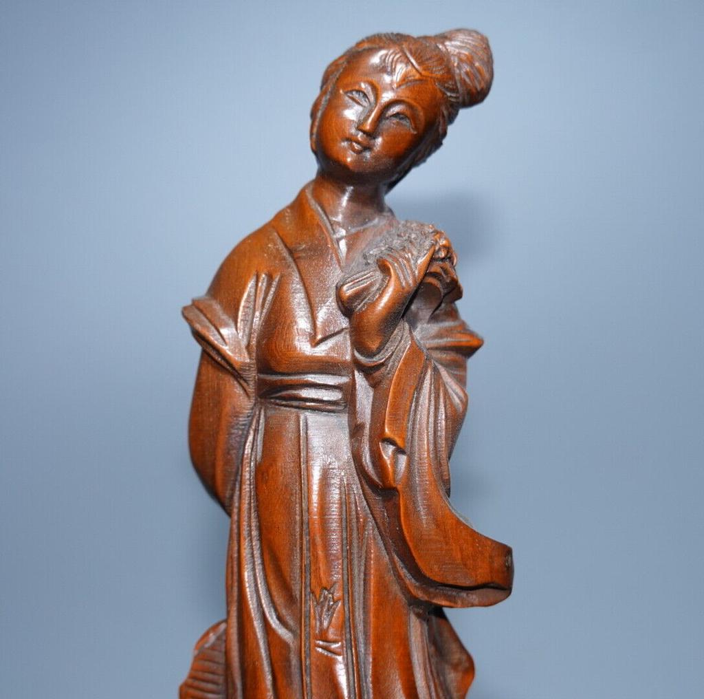 Chinese Antique Boxwood Carved Beautiful Woman Statue Sculpture Home Decor Art