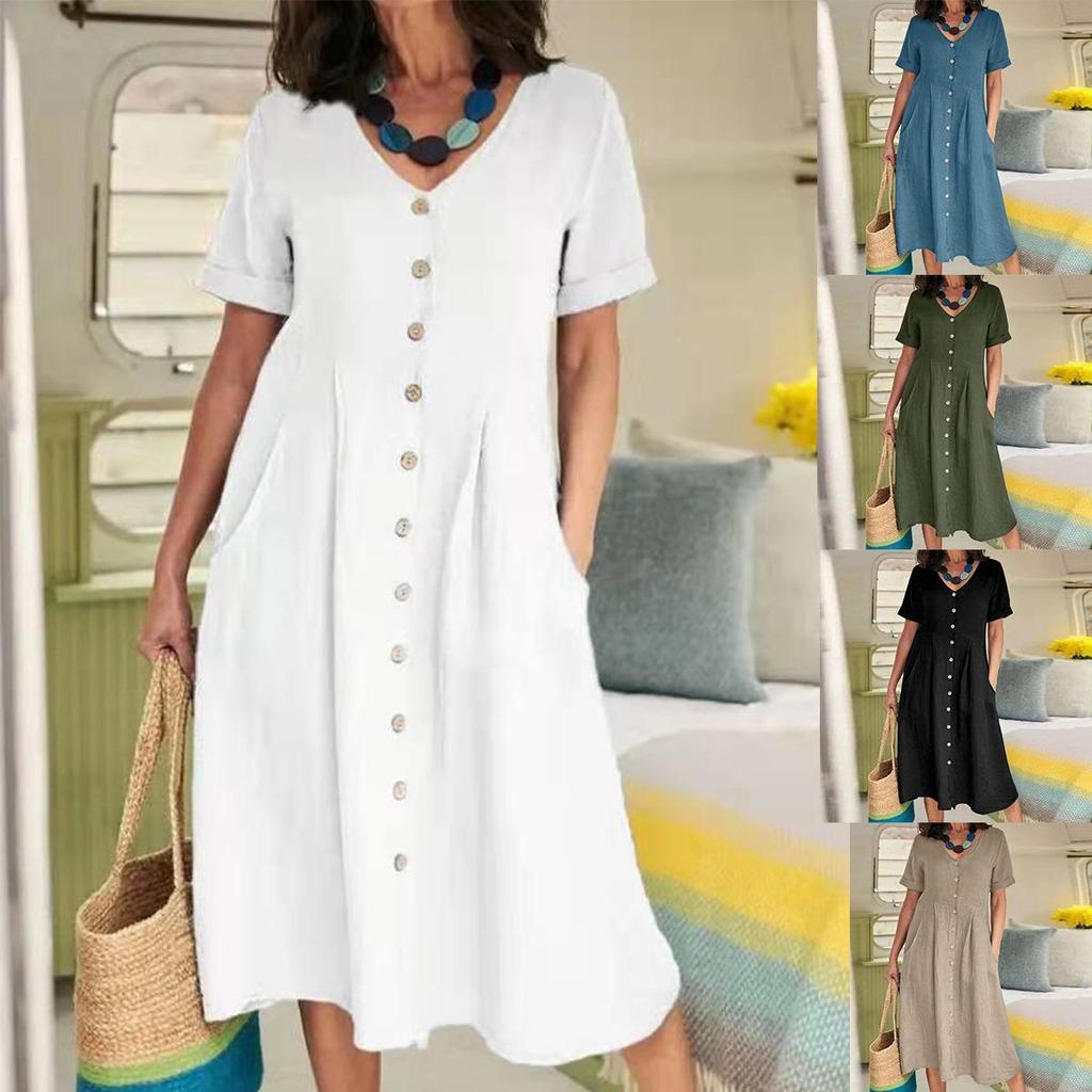 2025 Spring/Summer European and American Solid Color Loose High-Waisted Cotton Linen Dress.