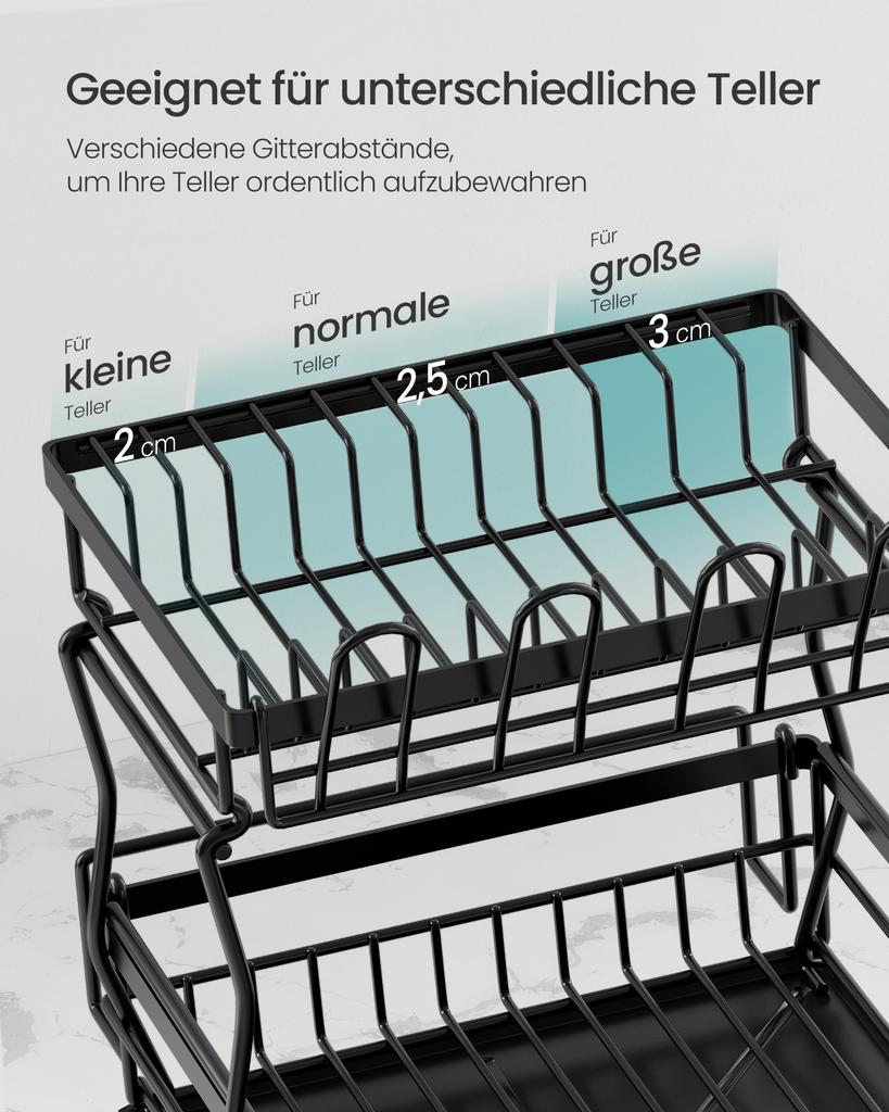 SONGMICS Dish Drying Rack, Dish Drainer Rack for Kitchen Counter, 360 degrees Rotatable and Extendable Spout, Draining Board, with Cutlery Holder