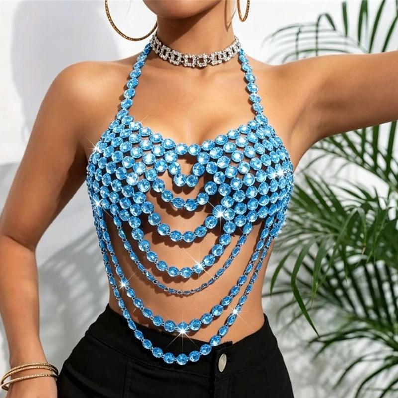 Multi Layer Halter Body Chain Top Sparkly Draped Chest Jewelry Accent for Festival Outfit, Stagewear and Evening Looks