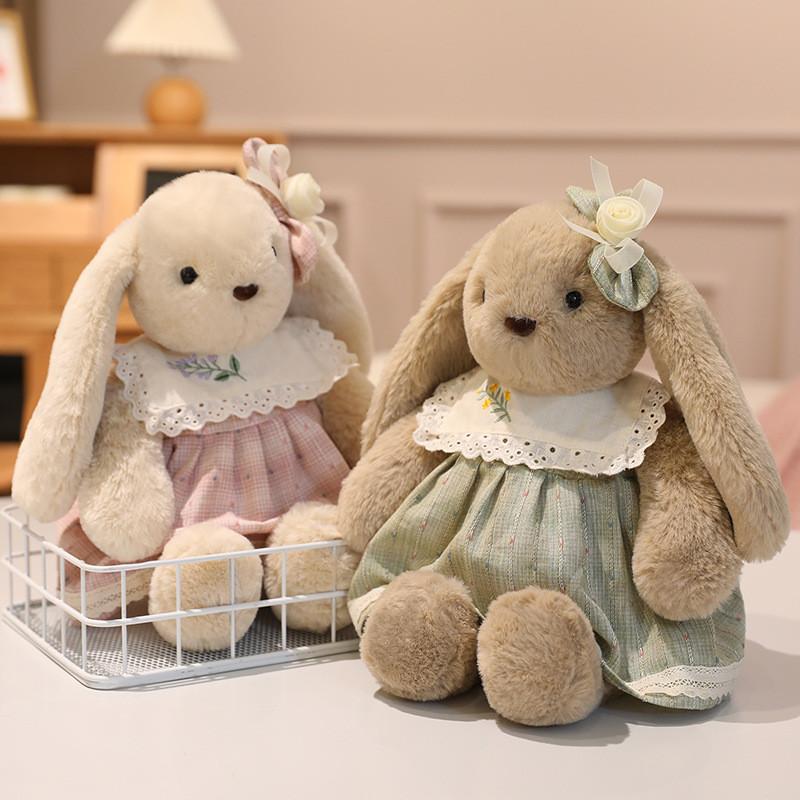 Pp Cotton Plush Bunny Doll With Checkered Dress And Floral Bow Decoration For Women And Friends