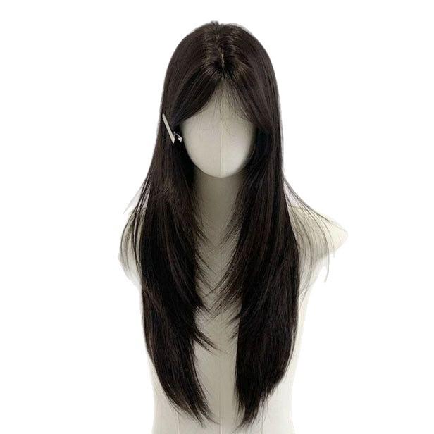 Confession Balloon Women's Long Black Tea-Colored Straight Wig, Natural Lolita Style, Full Head Cover, Middle Part.