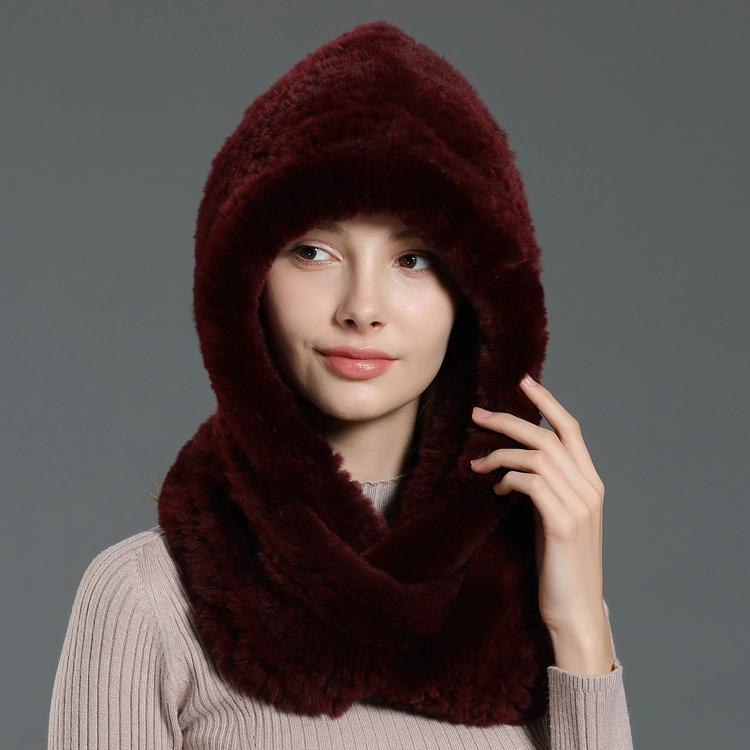 

Осенне-зимняя утолщенная вязаная шапка из кроличьего меха рекс женская теплая кроличья меховая шапка-шарф с капюшоном интегрированная двойного назначения One size бордовый