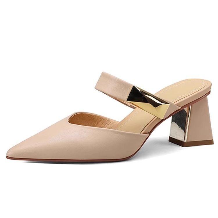 2025 summer new French retro pointed thick heel bag head half slippers women wear muller shoes cool slippers women